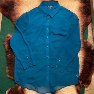 American Eagle Sheer Button Up‎ Blue Green Long Sleeve